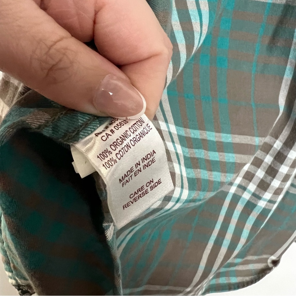 Aventura 100% Organic Cotton Button Down Shirt Turquoise Plaid Hiking Outdoors L - Picture 9 of 9